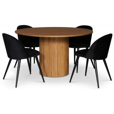 spisegruppe i Nordansjöen; rundt spisebord Ø130 cm, oljet eik + 4 Alice spisestoler, svart fløyel