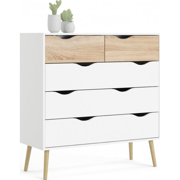 Oslo kommode med 5 skuffer - Hvit/eik Oslo kommode med 5 skuffer - Hvit/eik