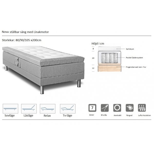 Nova justerbar seng (grå Rocco 570) - Valgfri bredde Nova justerbar seng (grå Rocco 570) - Valgfri bredde