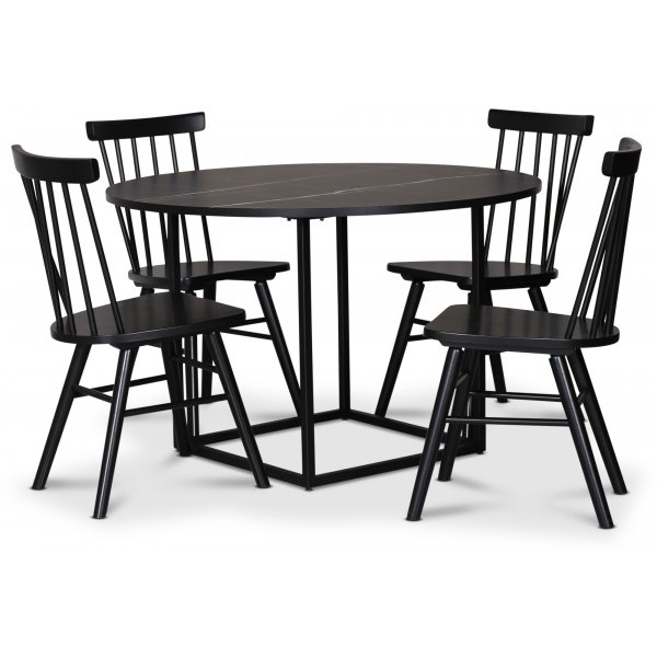 Sintorp spisegruppe, rundt spisebord 115 cm inkludert 4 stk. Orust pinnestoler - svart marmor (laminat)