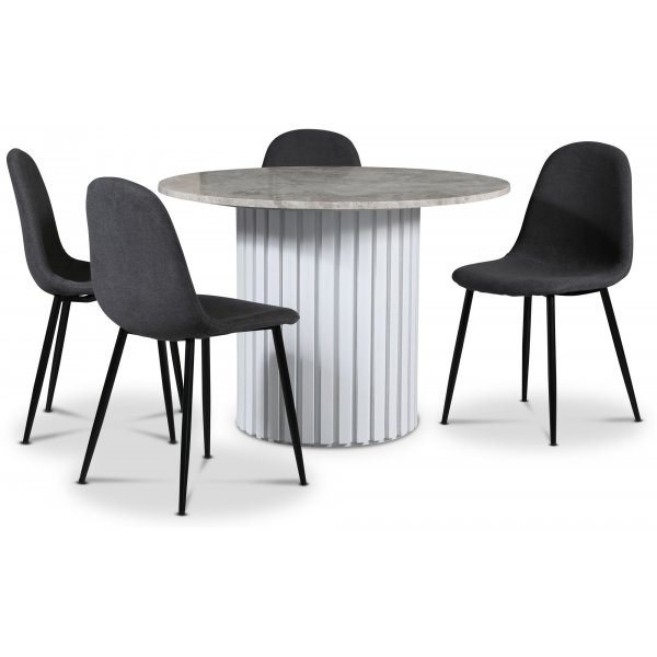 Empire spisegruppe 105 cm inkl. 4 stk. Carisma mrkegr stoler - Slv Diana marmor / Hvit lamell trefot