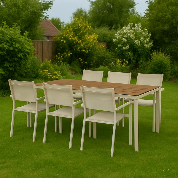 Spisegruppe; 6 stoler og spisebord 205 x 90 cm beige - Copacabana