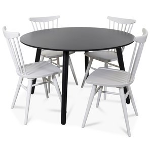 Rosvik spisegruppe rundt sort spisebord med 4 stk Thor stokkstoler - Sort/Hvit