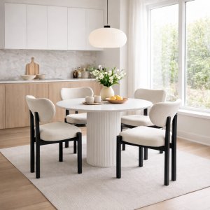 Spisegruppe Sandö spisebord Ø120 cm i hvit terrazzo med 4 Callum spisestoler i beige stoff Spisegruppe Sandö spisebord Ø120 cm i hvit terrazzo med 4 Callum spisestoler i beige stoff