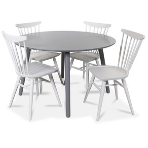 Rosvik spisegruppe rundt grtt spisebord med 4 stk Thor stokkstoler - Gr/Hvit