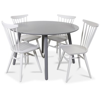 Rosvik spisegruppe rundt grått spisebord med 4 stk Thor stokkstoler - Grå/Hvit