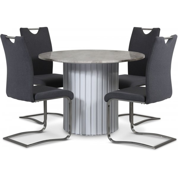 Empire spisegruppe 105 cm inkl. 4 stk. Bob Steel stoler - Slv Diana marmor / Hvit lamell trefot