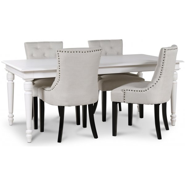 Paris spisegruppe hvitt bord med 4 Tuva Eastport stoler i beige stoff