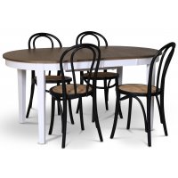 Skagen spisegruppe; spisebord 160/210x90 cm - Hvit / brunoljet eik med 4 stk Danderyd No.18 stoler Svart Skagen spisegruppe; spisebord 160/210x90 cm - Hvit / brunoljet eik med 4 stk Danderyd No.18 stoler Svart