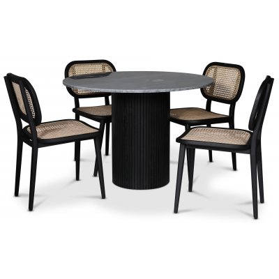 Decibel spisegruppe; rundt spisebord i grå marmor + 4 Siknäs stoler rotting