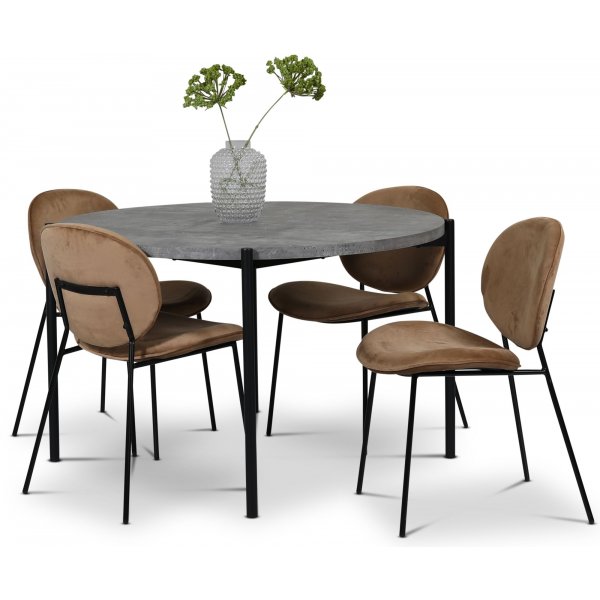 Shanghai spisegruppe Ø120 cm inkl. 4 stk. Rondo stoler i brun fløyel - Sementimitasjon Shanghai spisegruppe Ø120 cm inkl. 4 stk. Rondo stoler i brun fløyel - Sementimitasjon