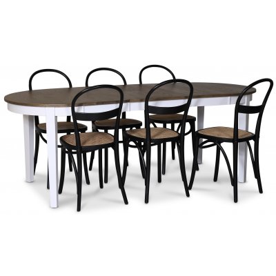 Skagen spisegruppe; spisebord 160/210x90 cm - Hvit / brunoljet eik med 6 stk Danderyd No.16 stoler Svart