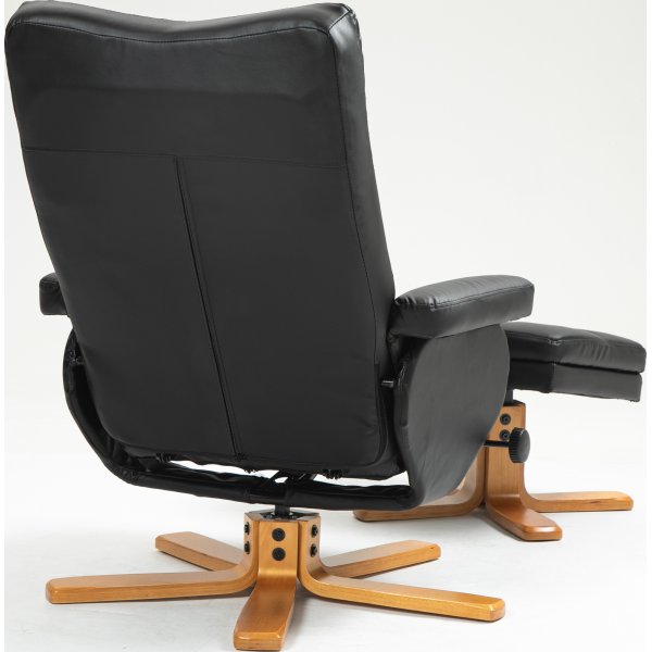 Duva hvilestol med fotskammel i sort PU med brune ben