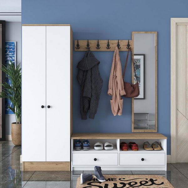 Mendy hallmøbler med speil - Hvit/valnøtt Mendy hallmøbler med speil - Hvit/valnøtt