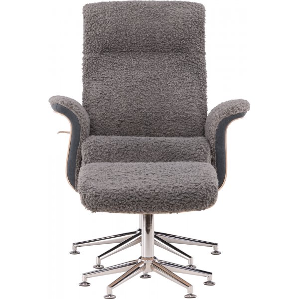 Lenestol med fotskammel - Grå saueskinnsimitasjon/hvitkalket eik Lenestol med fotskammel - Grå saueskinnsimitasjon/hvitkalket eik