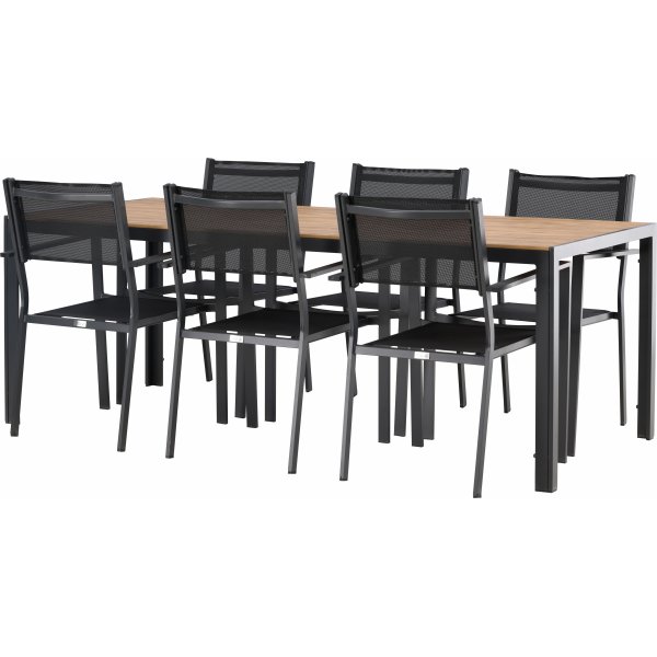 Matvaregruppen i Chania; 6 stoler med bord 205 x 90 cm - Svart/natur Matvaregruppen i Chania; 6 stoler med bord 205 x 90 cm - Svart/natur