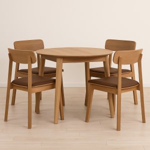 Spisegruppe Genova 90-130x90 cm i oljet eik med 4 Kleppen-stoler i eik og brunt PU Spisegruppe Genova 90-130x90 cm i oljet eik med 4 Kleppen-stoler i eik og brunt PU