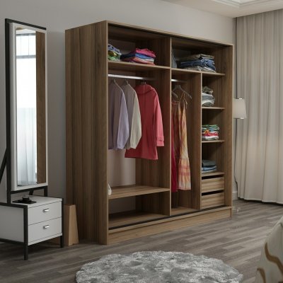 Kapusta garderobe med speildr, 220x52x210 cm - Brun/hvit