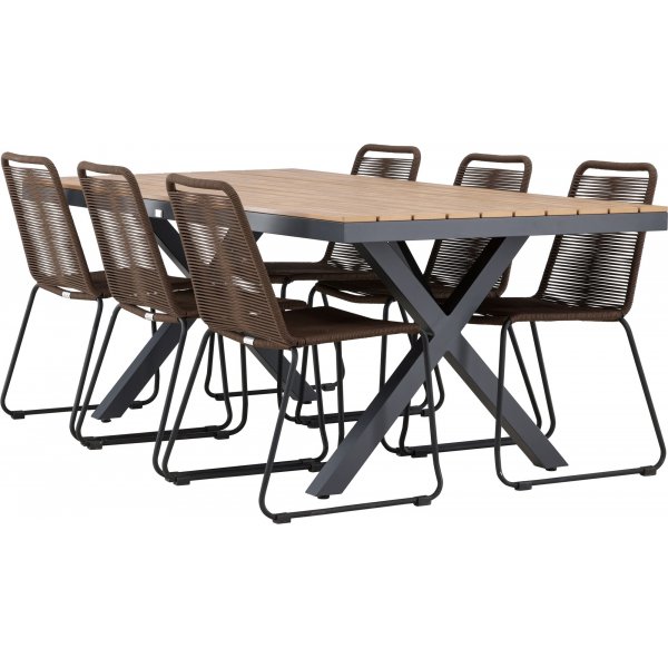 Garcia rektangulært spisestuesett med 6 Lindos stoler - Brun/svart + 6.00 x Stolpute Garcia rektangulært spisestuesett med 6 Lindos stoler - Brun/svart + 6.00 x Stolpute