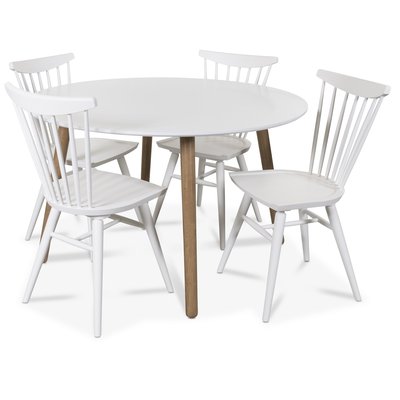 Rosvik spisegruppe rundt Hvit/Eik spisebord med 4 Thor stokkstoler - Hvit/Eik