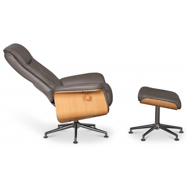 Ulla lenestol med fotskammel - Grått skinn / Eik / Krom Ulla lenestol med fotskammel - Grått skinn / Eik / Krom