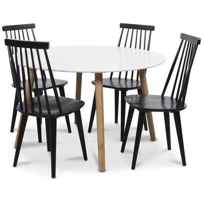 Rosvik spisegruppe Rundt bord hvit/eik med 4 sorte Dalsland stokkstoler