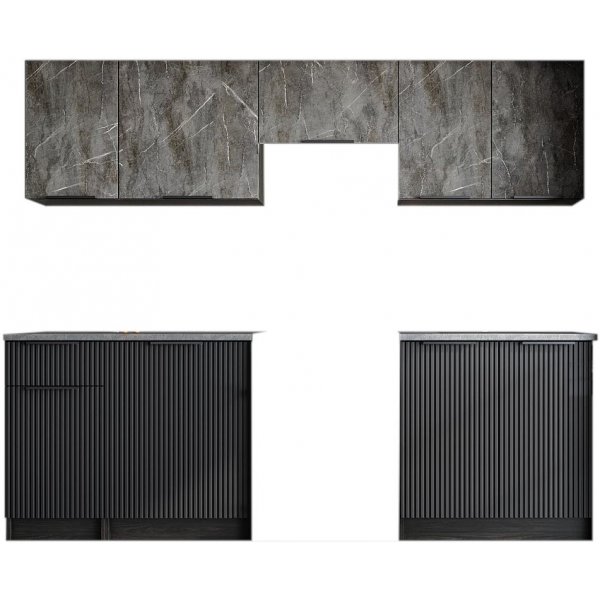 Tamara komplett kjøkken 240 cm - Grå marmor/svart/grå Tamara komplett kjøkken 240 cm - Grå marmor/svart/grå