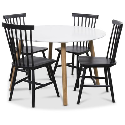 Rosvik spisegruppe Rundt bord hvit/eik med 4 sorte Karl stokk stoler