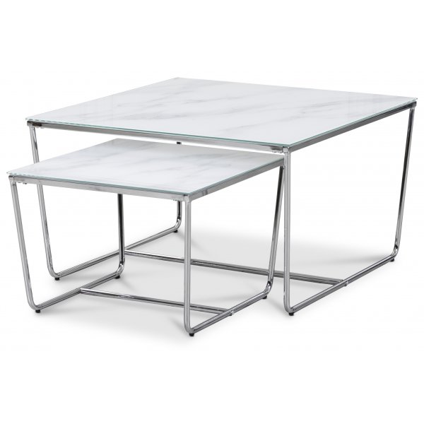 Stella Satsbord - Hvitt marmorert glass / Krommet understell