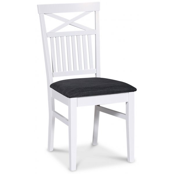 Skagen spisegruppe; spisebord 160/210x90 cm - Hvit / brunoljet eik med 4 Skagenstoler med kryss, grått stoff Skagen spisegruppe; spisebord 160/210x90 cm - Hvit / brunoljet eik med 4 Skagenstoler med kryss, grått stoff