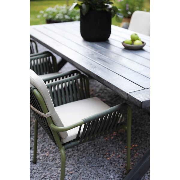 Oxford utendørs spisegruppe: grått bord 220 cm, inkludert 6 stk. Lincoln stablebare karmstoler grønn/beige Oxford utendørs spisegruppe: grått bord 220 cm, inkludert 6 stk. Lincoln stablebare karmstoler grønn/beige