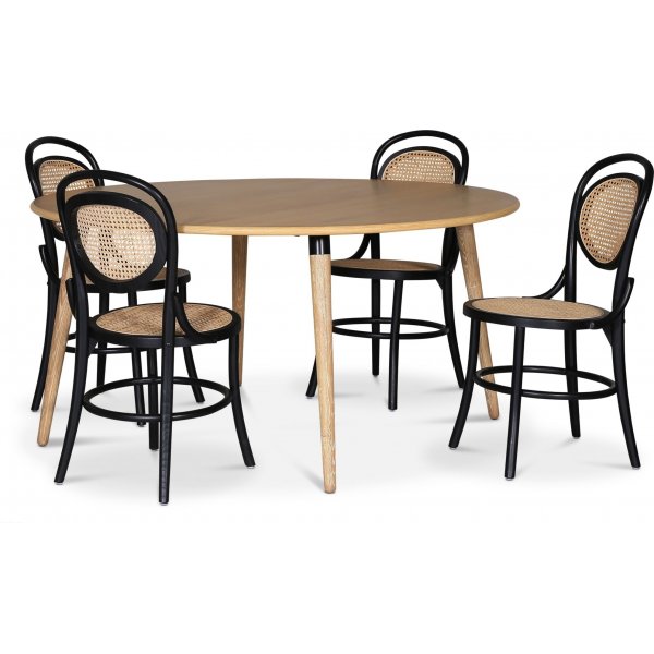 Omni spisegruppe, rundt spisebord 130 cm inkludert 4 stk. svarte Alicia stoler - Whitewash