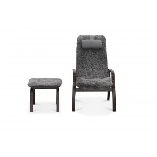 Lenestol med fotskammel i ekte saueskinn, rykfarget eik/grtt - Frank