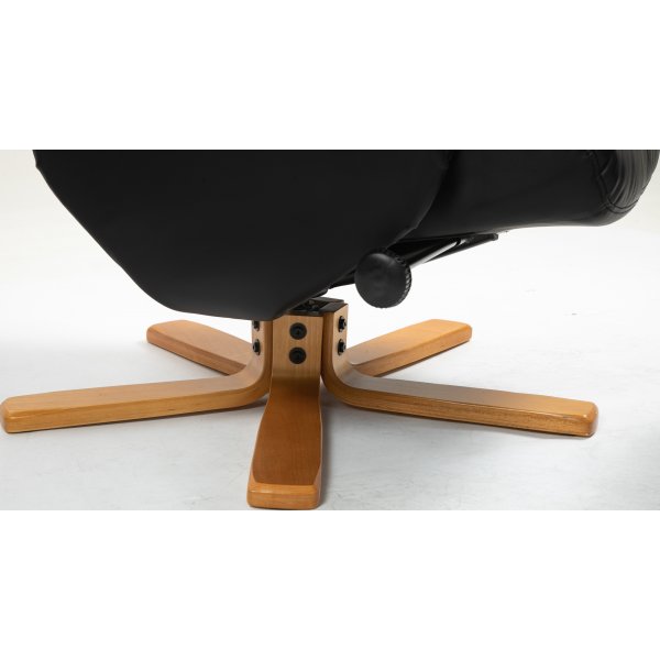 Duva hvilestol med fotskammel i sort PU med brune ben