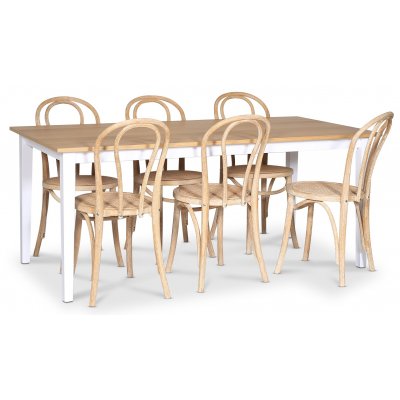 Fårö spisegruppe; spisebord 180x90 cm - Hvit / oljet eik med 6 stk Danderyd No.18 stoler whitewash