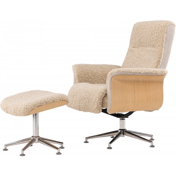 Lenestol med fotskammel - Beige saueskinnsimitasjon/oljet eik + Tekstilpleie for møbler Lenestol med fotskammel - Beige saueskinnsimitasjon/oljet eik + Tekstilpleie for møbler