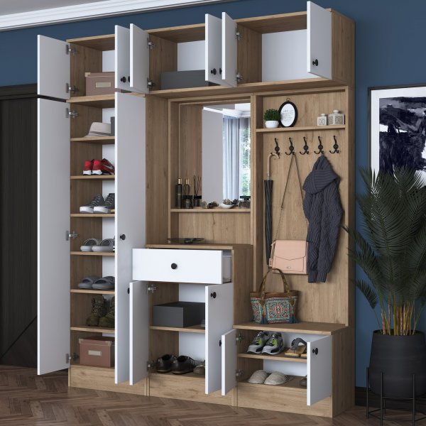 Mendy hallmbel 180 cm med overskap - Hvit/valntt