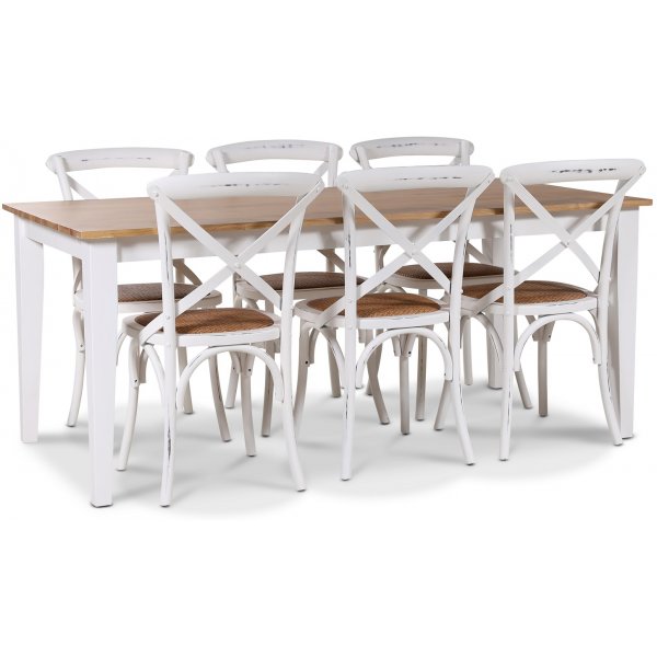 Dalarös spisegruppe 180 cm bord hvit/eik + 6 st hvite Gaston spisestoler Dalarös spisegruppe 180 cm bord hvit/eik + 6 st hvite Gaston spisestoler