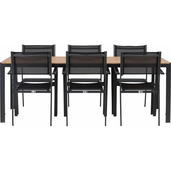 Matvaregruppen i Chania; 6 stoler med bord 205 x 90 cm - Svart/natur Matvaregruppen i Chania; 6 stoler med bord 205 x 90 cm - Svart/natur