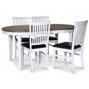 Skagen spisegruppe; spisebord 160/210x90 cm - Hvit / brunoljet eik med 4 stk Fr stoler med PU-sete