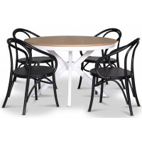 Tromsö spisegruppe; rund spisebord Hvit / Eik med 4 stk Danderyd No.30 lenestoler svart Tromsö spisegruppe; rund spisebord Hvit / Eik med 4 stk Danderyd No.30 lenestoler svart