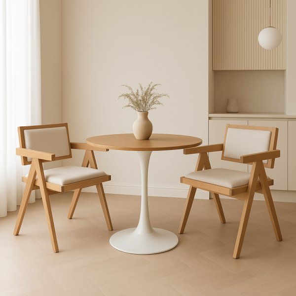 Spisegruppe Sumner Ø80 cm eik/hvit med 2 Sara lenestoler i eik og lin Spisegruppe Sumner Ø80 cm eik/hvit med 2 Sara lenestoler i eik og lin