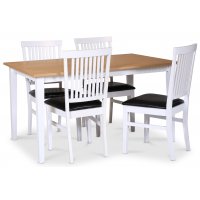 Fårö spisegruppe; spisebord 140x90 cm - Hvit / oljet eik med 4 Fårö spisestoler med ribber i ryggen, svart PU-sete Fårö spisegruppe; spisebord 140x90 cm - Hvit / oljet eik med 4 Fårö spisestoler med ribber i ryggen, svart PU-sete