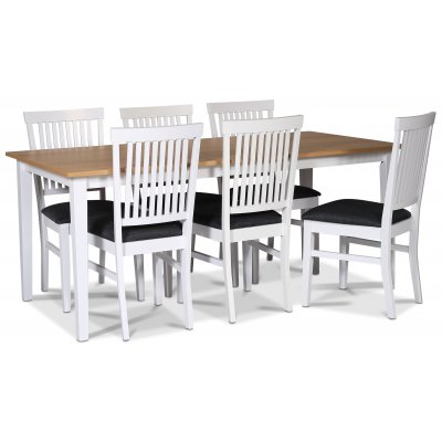 Fårö spisegruppe; spisebord 180x90 cm - Hvit / oljet eik med 6 Fårö spisestoler med ribber i ryggen, sete i grått stoff