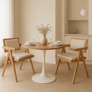 Spisegruppe Sumner Ø80 cm eik/hvit med 2 Sara lenestoler i eik og lin Spisegruppe Sumner Ø80 cm eik/hvit med 2 Sara lenestoler i eik og lin