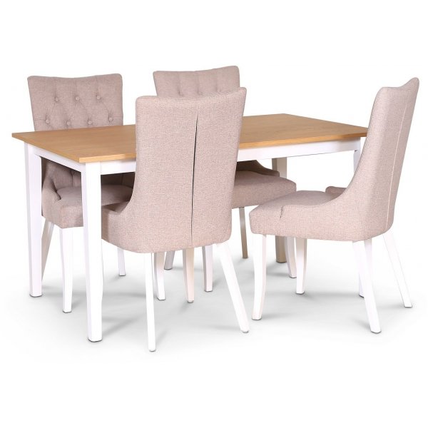 Fr spisegruppe 140 cm inkl. 4 stk. Saga beige stoler - Eik/hvit