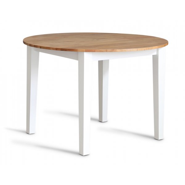 Spisegruppe: Rundt bord i eik / hvit med 4 rde kurvstoler