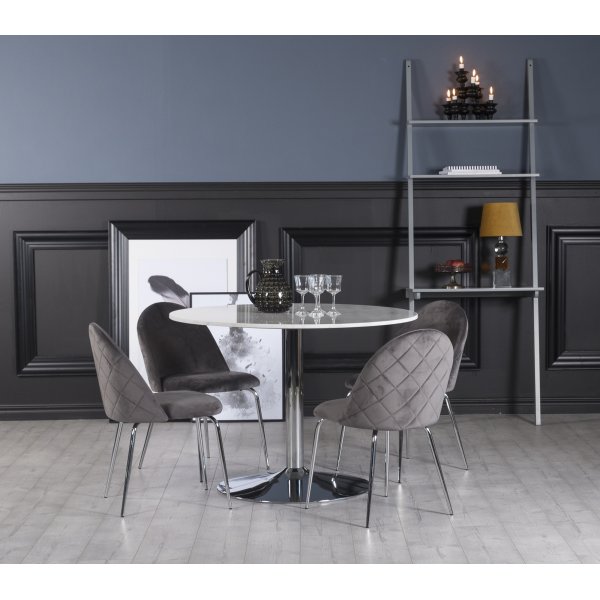 Plaza spisegruppe, marmorbord med 4 st Plaza flyelstoler - Gr/Hvit/Krom