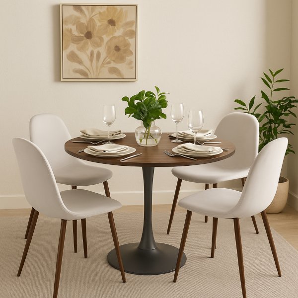 Olmo spisebord Ø90 cm i valnøtt/svart med 4 Alfred spisestoler i beige fløyel og ben i valnøtt Olmo spisebord Ø90 cm i valnøtt/svart med 4 Alfred spisestoler i beige fløyel og ben i valnøtt