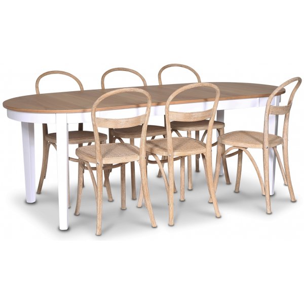 Fr spisegruppe; Ovalt spisebord 160-210 cm - Hvit / Oljet eik med 6 stk Danderyd No.16 spisestoler whitewash